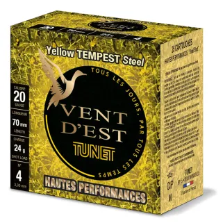 Boîte de 25 cartouches acier hautes performances calibre 20/70 Tunet vent d'est yellow tempest