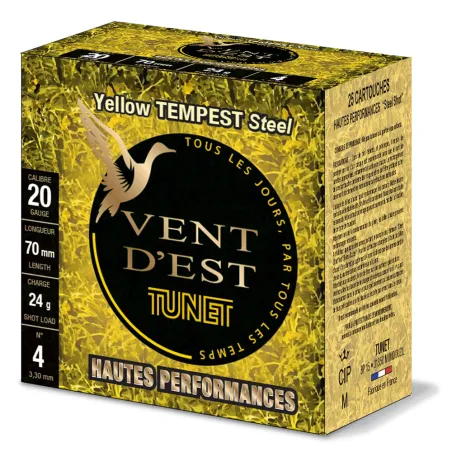 Boîte de 25 cartouches acier hautes performances calibre 20/70 Tunet vent d'est yellow tempest