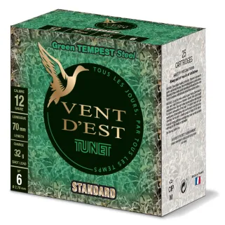 Boîte de 25 cartouches acier tous fusil calibre 12/70 Tunet vent d'est green tempest