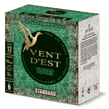Boîte de 25 cartouches acier tous fusil calibre 12/70 Tunet vent d'est green tempest