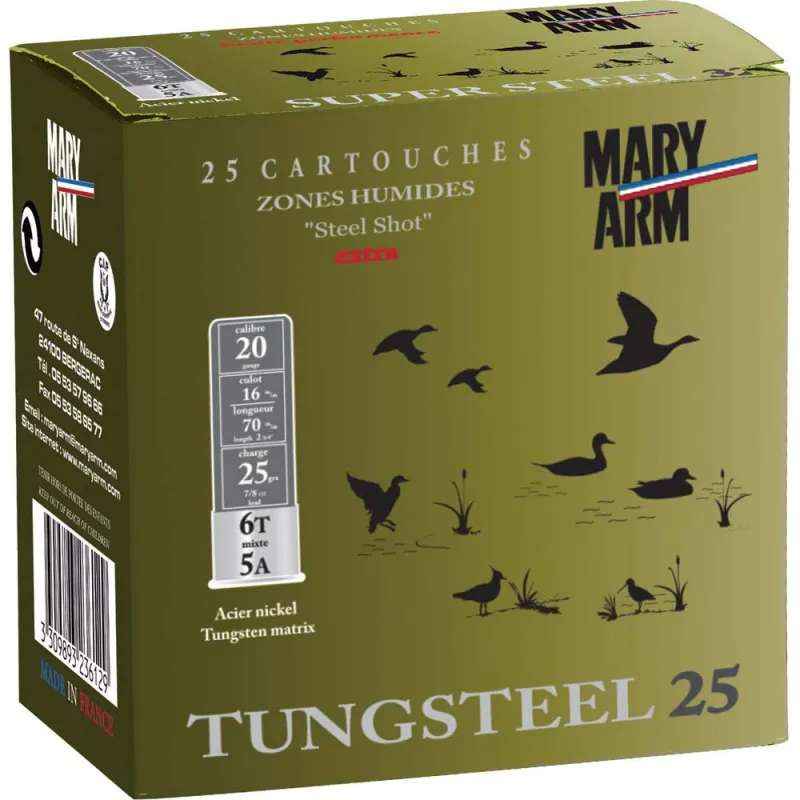 Boite de 25 cartouches TUNGSTEEL bourre jupe 25g 20/70 pb 5+6 Boite de 25 cartouches TUNGSTEEL bourre jupe 25g 20/70 pb 5+6