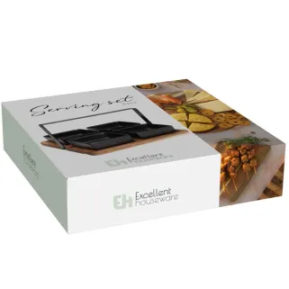 Ensemble plats service acacia 20x20cm + 4 bols grès noir 8x8cm