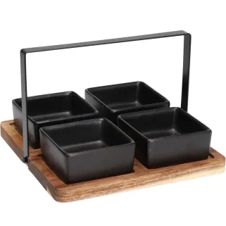 Ensemble plats service acacia 20x20cm + 4 bols grès noir 8x8cm