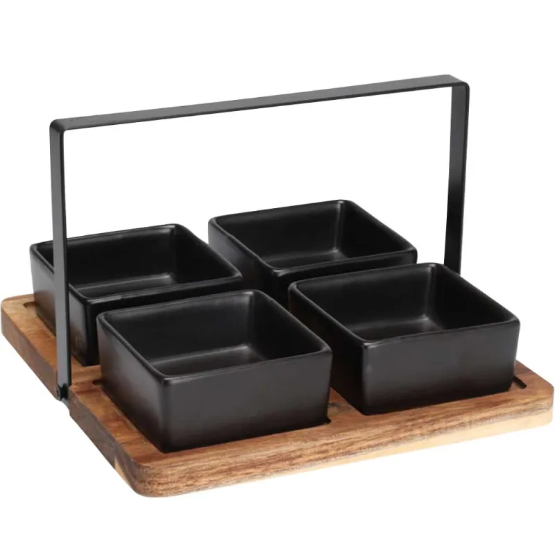 Ensemble plats service acacia 20x20cm + 4 bols grès noir 8x8cm Ensemble plats service acacia 20x20cm + 4 bols grès noir 8x8cm