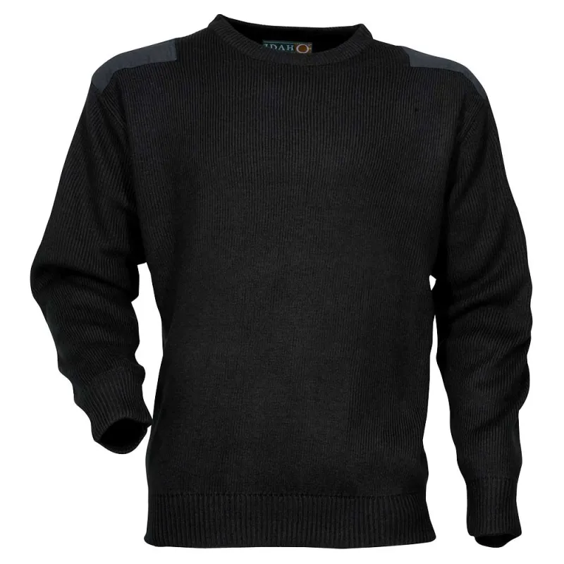 Pull commando noir 100% acrylique col rond renforts épaules coudes Pull commando noir 100% acrylique col rond renforts épaules coudes