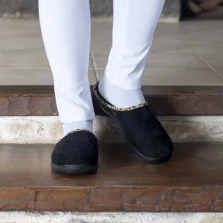 Chaussons mules Tara noirs effet pêche bordure léopard textile
