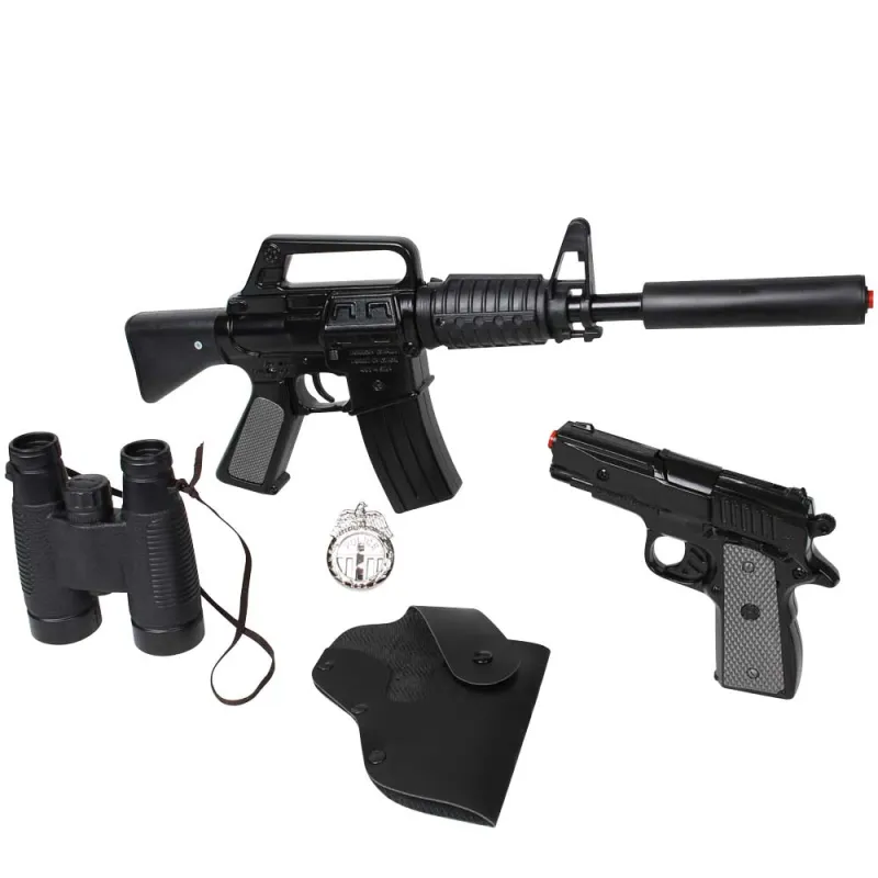 Set police enfant 5 accessoires mitraillette pistolet jumelles