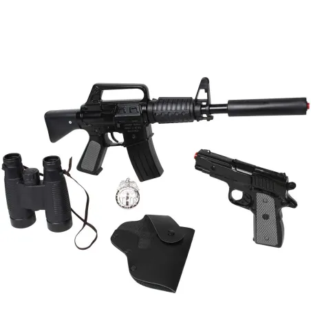 Set police enfant 5 accessoires mitraillette pistolet jumelles Set police enfant 5 accessoires mitraillette pistolet jumelles