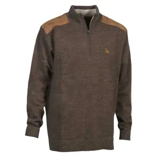 Pull Fox Col Zippé Marron Acrylique Laine Empiècements Suédine