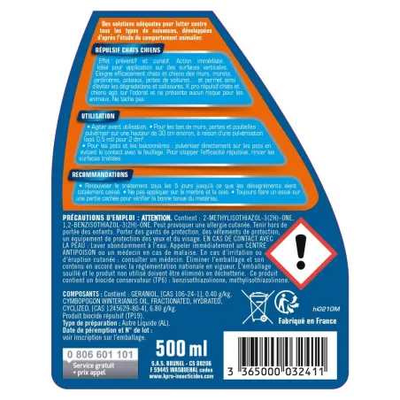 Répulsif chiens et chats géraniol 500ml anti-dégradations Répulsif chiens et chats géraniol 500ml anti-dégradations