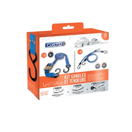 Kit 4 tendeurs + 2 sangles cliquet 5m avec crochets transport Kit 4 tendeurs + 2 sangles cliquet 5m avec crochets transport