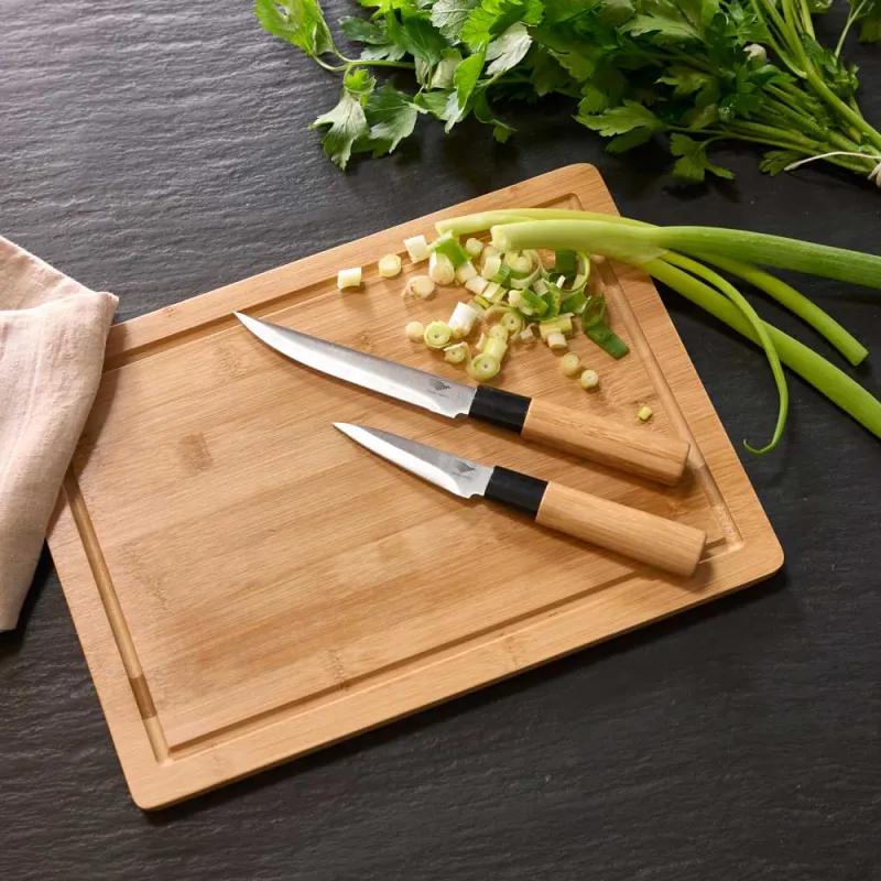Planche à découper + 2 couteaux inox 3cr14 12,7cm et 7,6cm