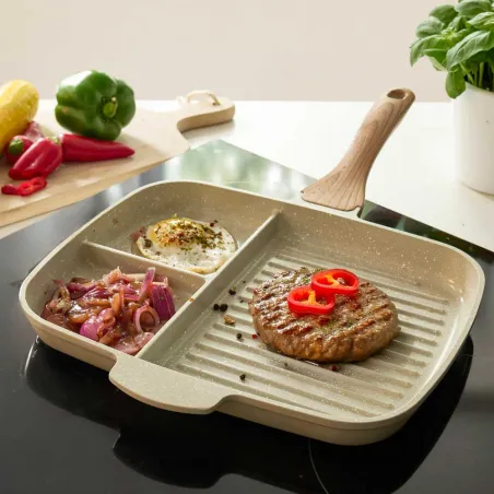 Poêle grill compartimentée céramique 31x24.5cm fonte alu 2mm Poêle grill compartimentée céramique 31x24.5cm fonte alu 2mm