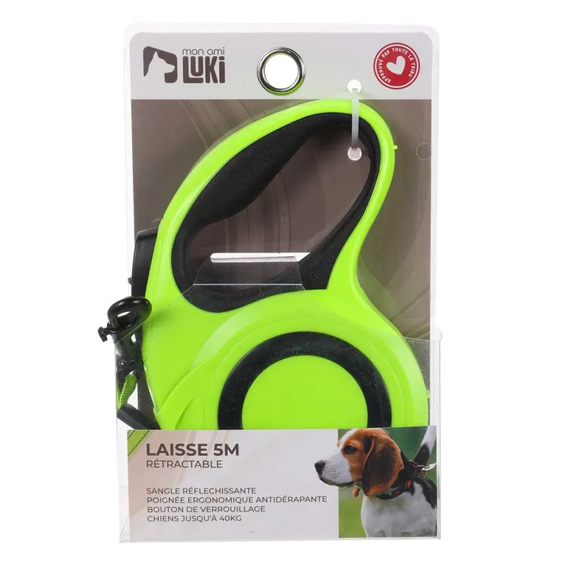 Laisse rétractable 5m sangle réfléchissante chien 40kg jaune
