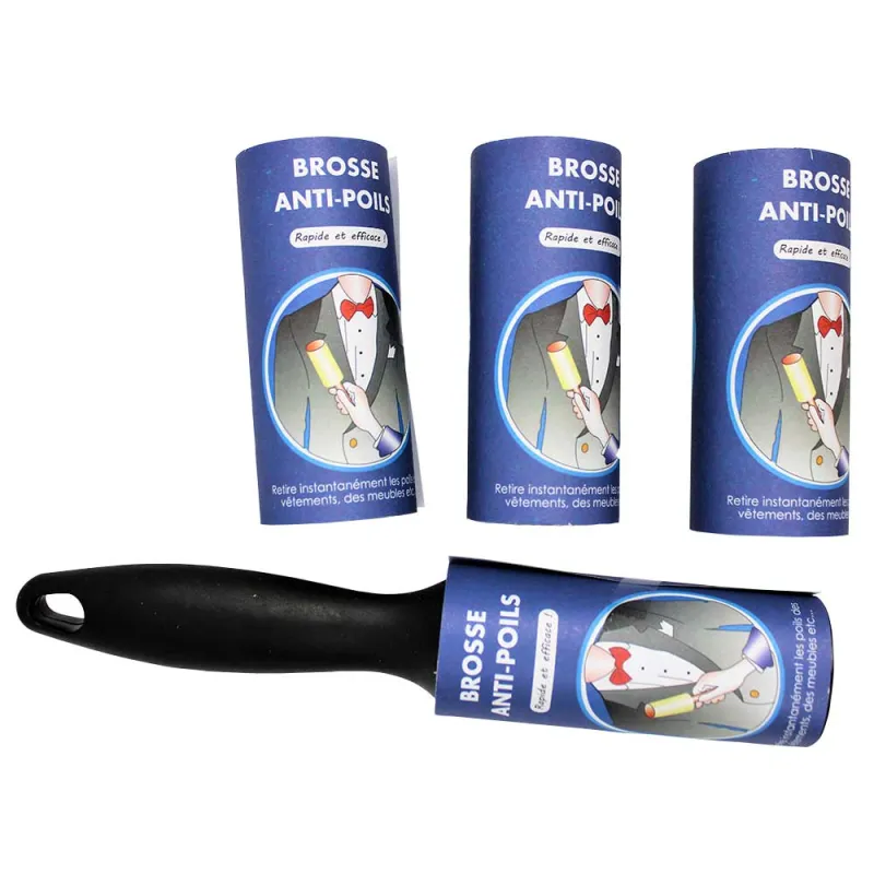 Brosse adhésive + 3 recharges anti-peluches nettoyage textile Brosse adhésive + 3 recharges anti-peluches nettoyage textile