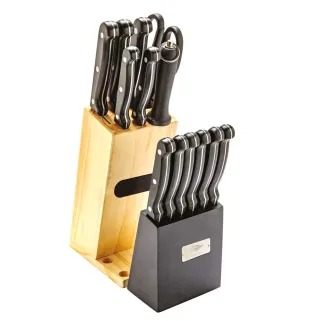 Bloc couteaux steak 15 pièces bois pin acier inox 420 ciseaux