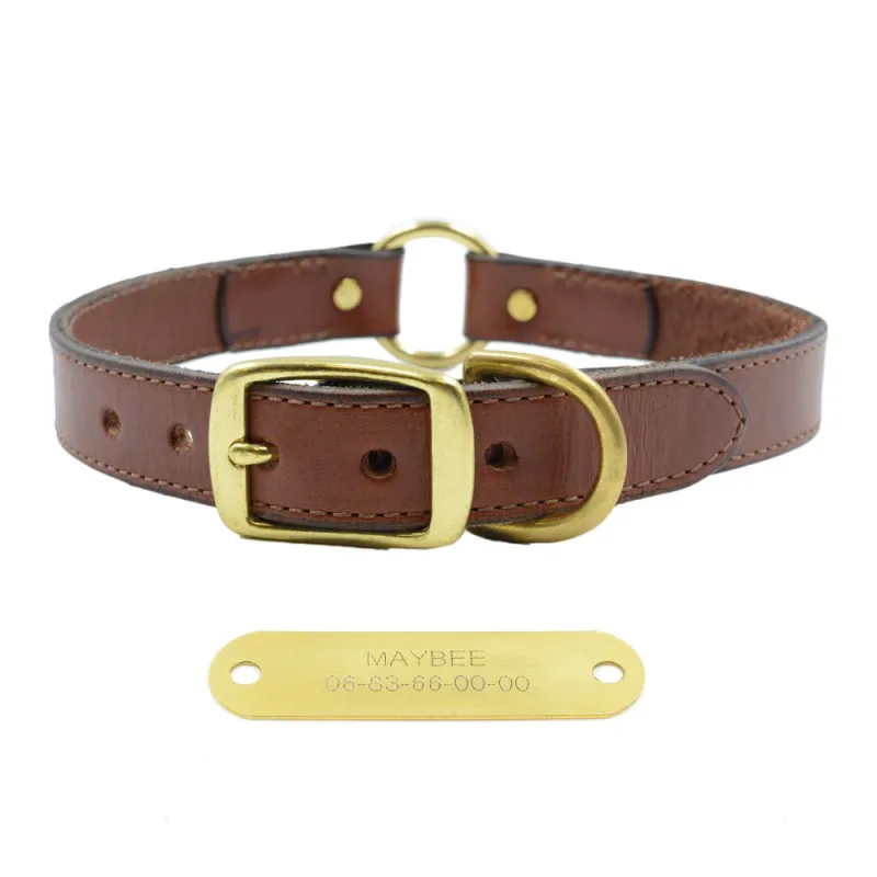 Collier à graver sur plaque laiton cuir noisette 4 tailles 