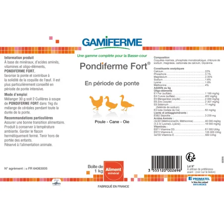Pondiferme fort, aliment minéral poules pondeuses 1kg - GAMIFERME Pondiferme fort, aliment minéral poules pondeuses 1kg - GAMIFERME