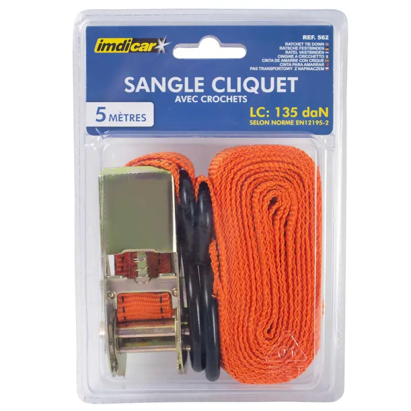 Sangle à cliquet 5m avec crochets en S - Arrimage sécurisé