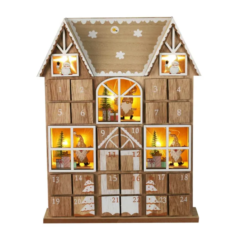 Calendrier de l’avent en bois lumineux 24 tiroirs maison