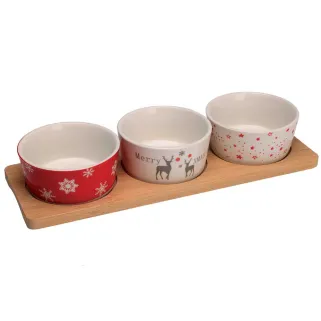 3 bols porcelaine Noël 8x4cm + plateau bambou 29x12cm