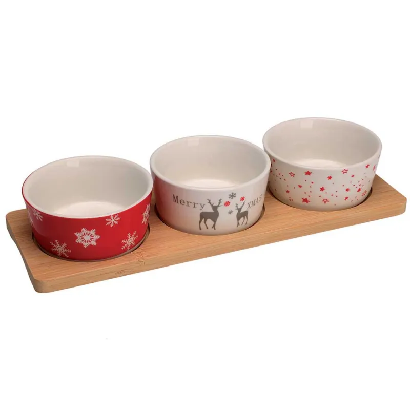 3 bols porcelaine Noël 8x4cm + plateau bambou 29x12cm