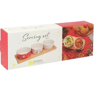 3 bols porcelaine Noël 8x4cm + plateau bambou 29x12cm