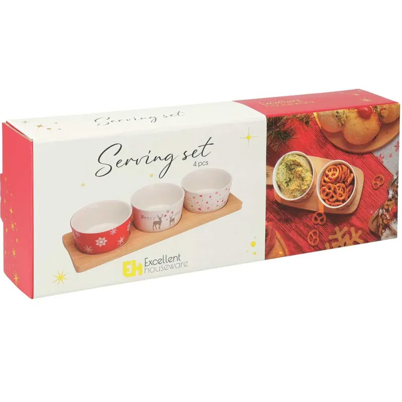 3 bols porcelaine Noël 8x4cm + plateau bambou 29x12cm