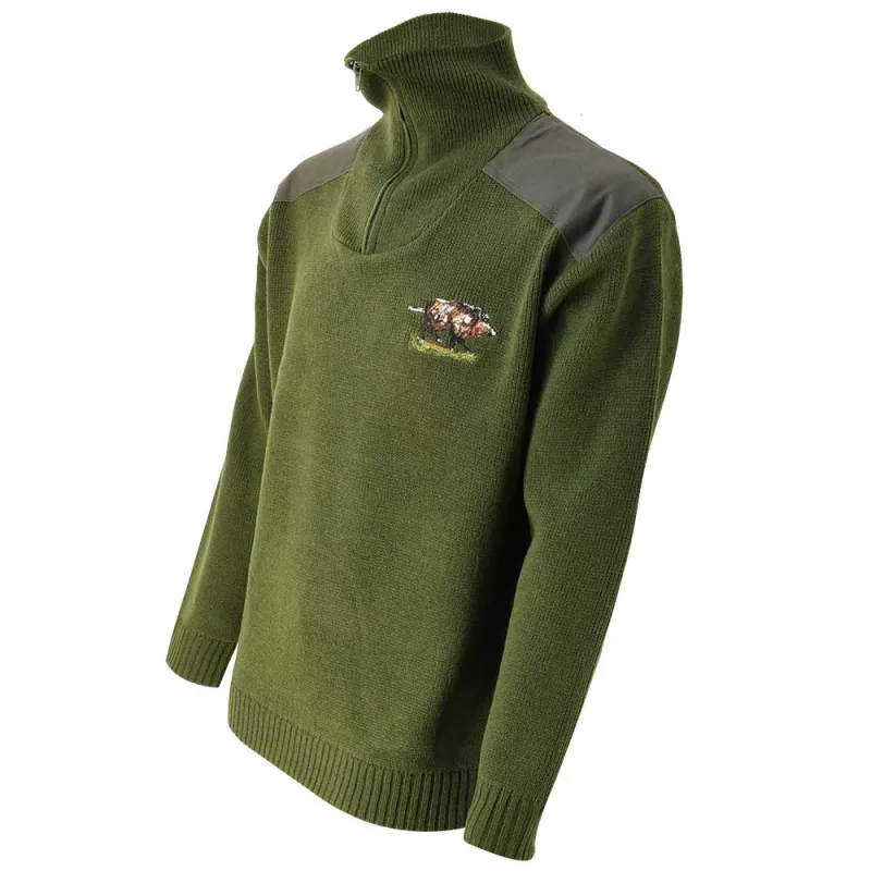 Pull col zippé Camionneur sanglier laine acrylique kaki S à 3XL Pull col zippé Camionneur sanglier laine acrylique kaki S à 3XL
