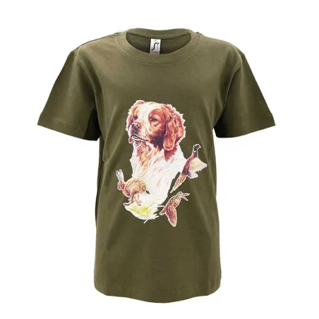 T-shirt enfant scène de chasse 100% coton kaki 6 à 12 ans