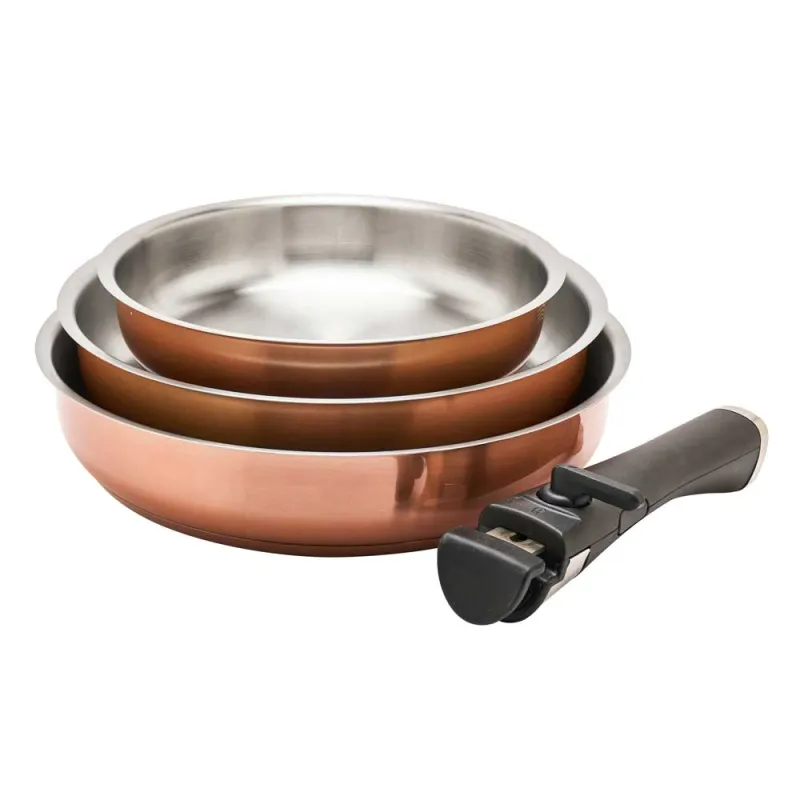 Set 3 poêles acier inox 20/24/26cm + manche amovible 496-816g