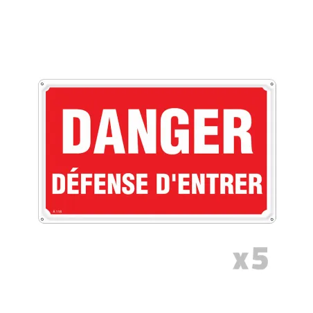 Lot de 5 Panneaux DANGER DÉFENSE D'ENTRER Alu 30X20cm