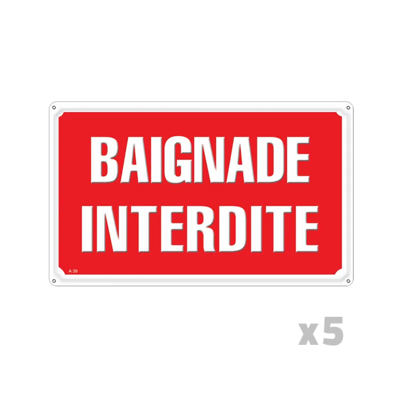 Lot de 5 panneaux BAIGNADE INTERDITE Alu 30x20cm  Lot de 5 panneaux BAIGNADE INTERDITE Alu 30x20cm