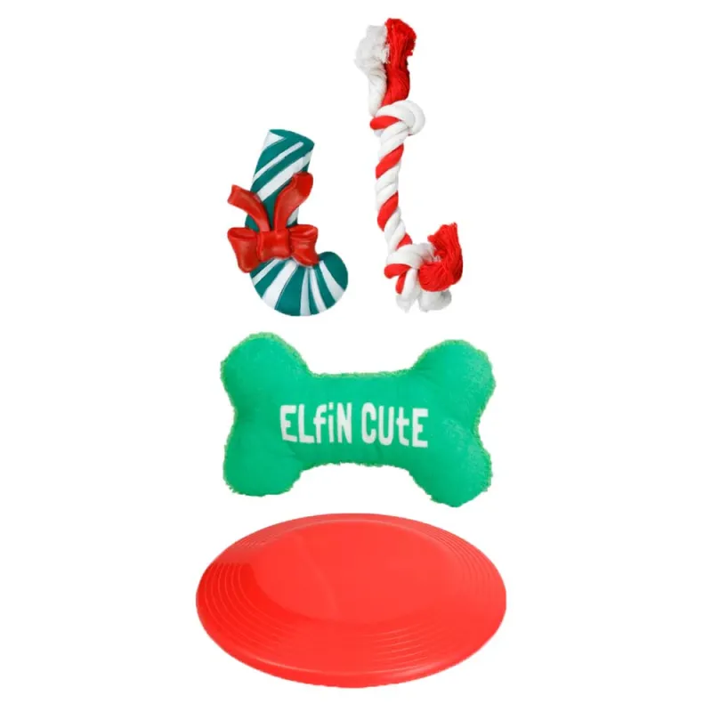 Lot 4 Jouets Noël Chien Peluche Pain d'Épice Corde Disque Vol