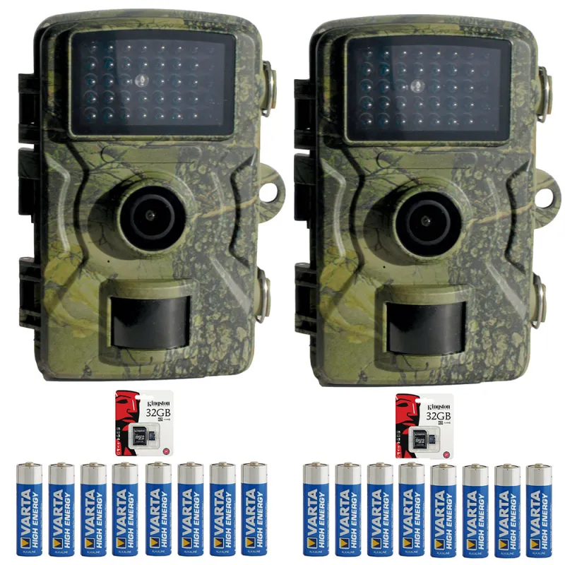 Lot de 2 caméras chasse 12 MP camouflage LEDs invisibles + 16 piles + 2 cartes SD