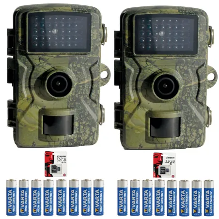 Lot de 2 caméras chasse 12 MP camouflage LEDs invisibles + 16 piles + 2 cartes SD