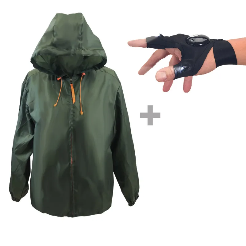 Coupe-vent kaki déperlant + gants lampe LED