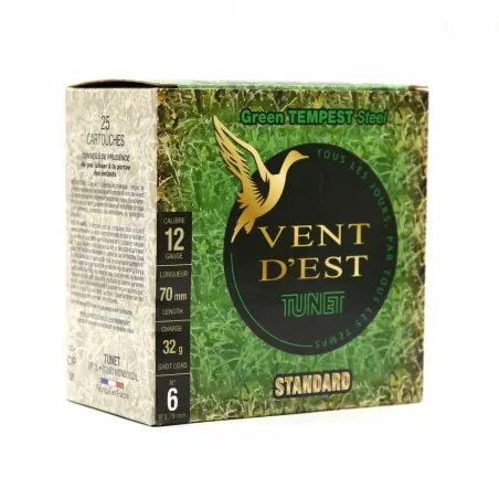 Boite de 25 cartouches bourre jupe 12/70 vent d'est green tempest