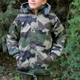 Parka matelassée capuche 4 poches polyester coton camo T 12ans