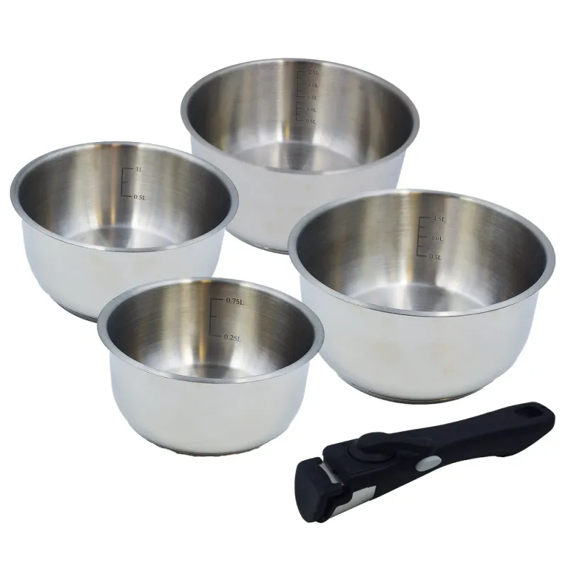 Lot de 4 casseroles inox à manche amovible 14/16/18/20 cm