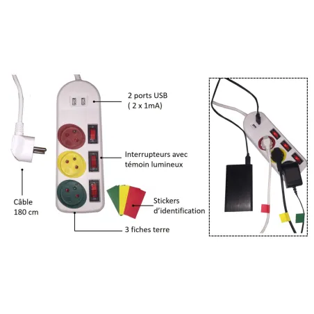 Bloc multiprise trio + 2 usb