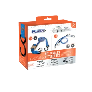 Kit 4 tendeurs + 2 sangles cliquet 5m avec crochets transport