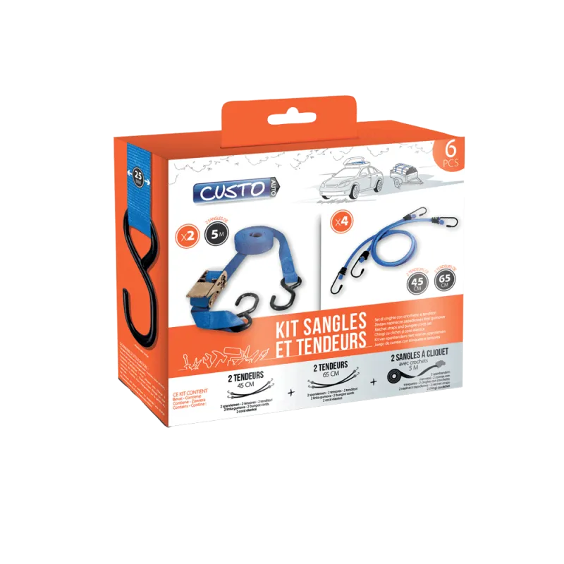 Kit 4 tendeurs + 2 sangles cliquet 5m avec crochets transport