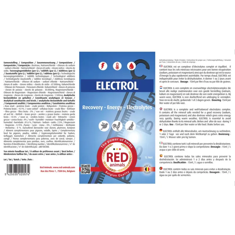 Electrol complément pigeons, volailles et lapins 1L RED Animals
