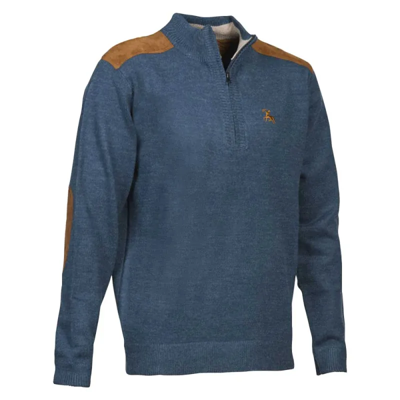 Pull Fox zippé bleu acrylique laine empiècements suédine