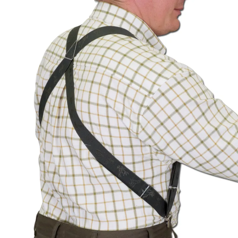 Bretelles harnais deux pinces motif de chasse polyester kaki