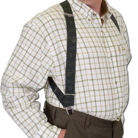 Bretelles harnais deux pinces motif de chasse polyester kaki