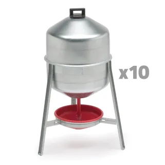 Lot de 10 Abreuvoirs poules et volailles métal galvanisé 30 L sur pieds