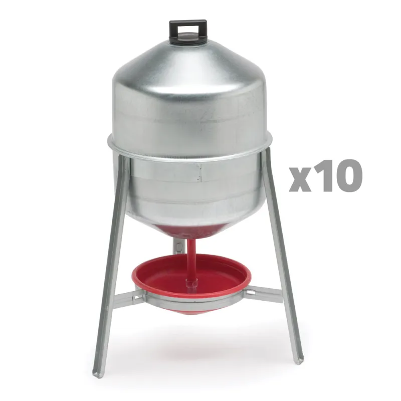 Lot de 10 Abreuvoirs poules et volailles métal galvanisé 30 L sur pieds