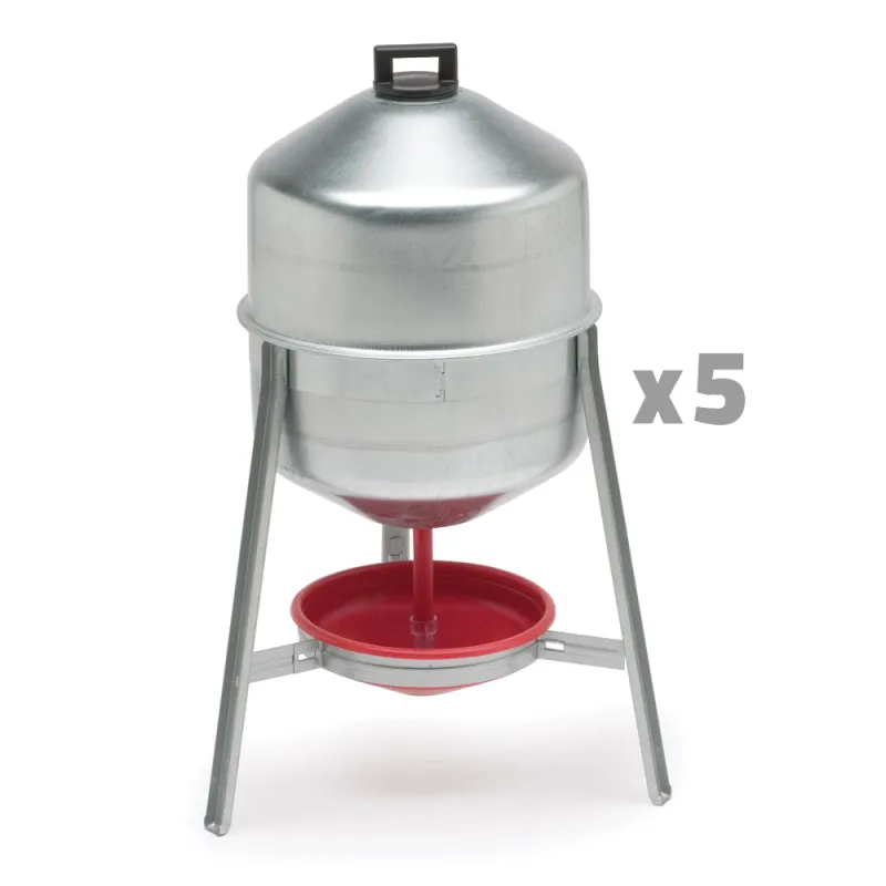 Lot de 5 Abreuvoirs poules et volailles métal galvanisé 30 L sur pieds